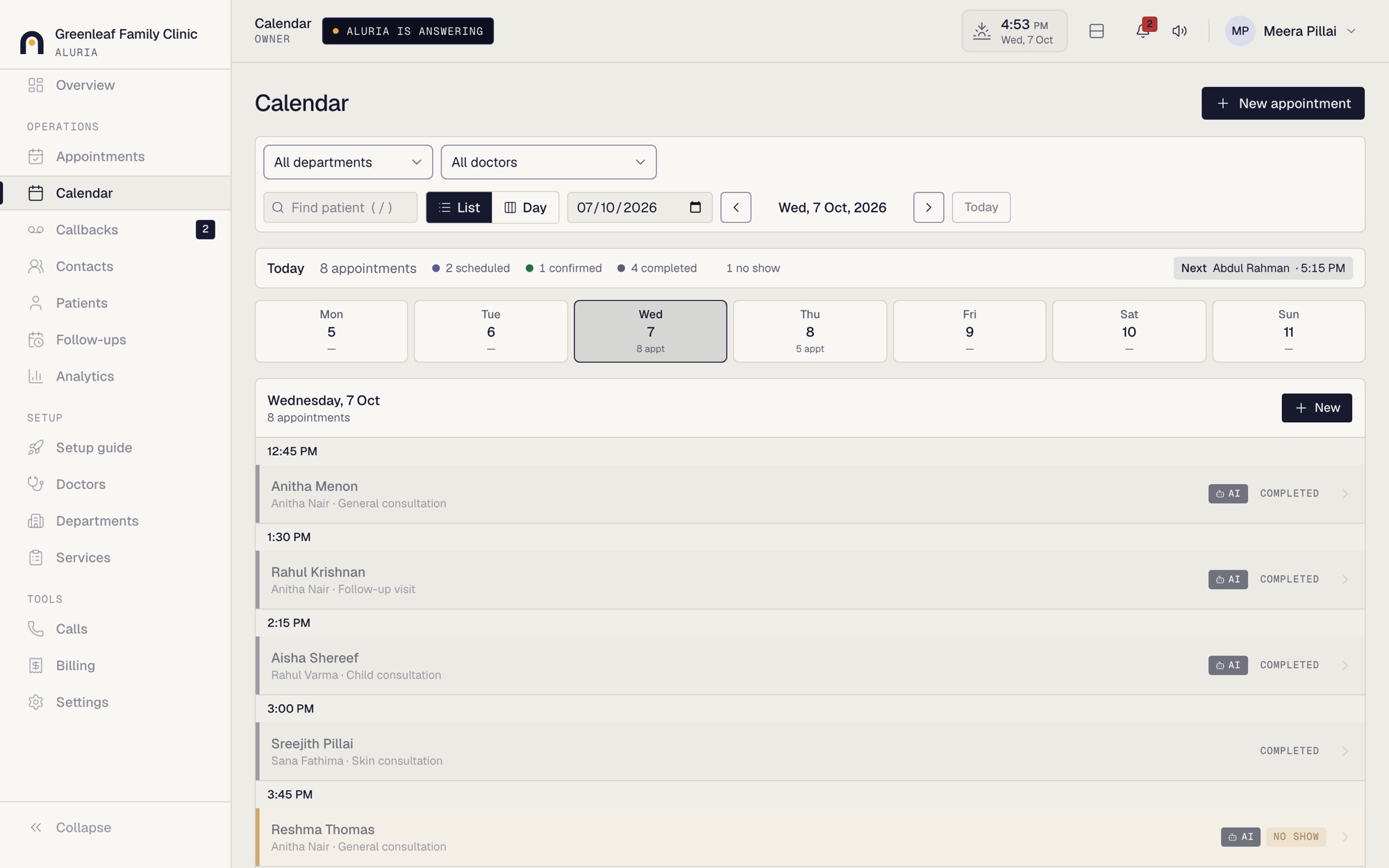 The Aluria calendar for a sample clinic, with appointments booked by the AI marked