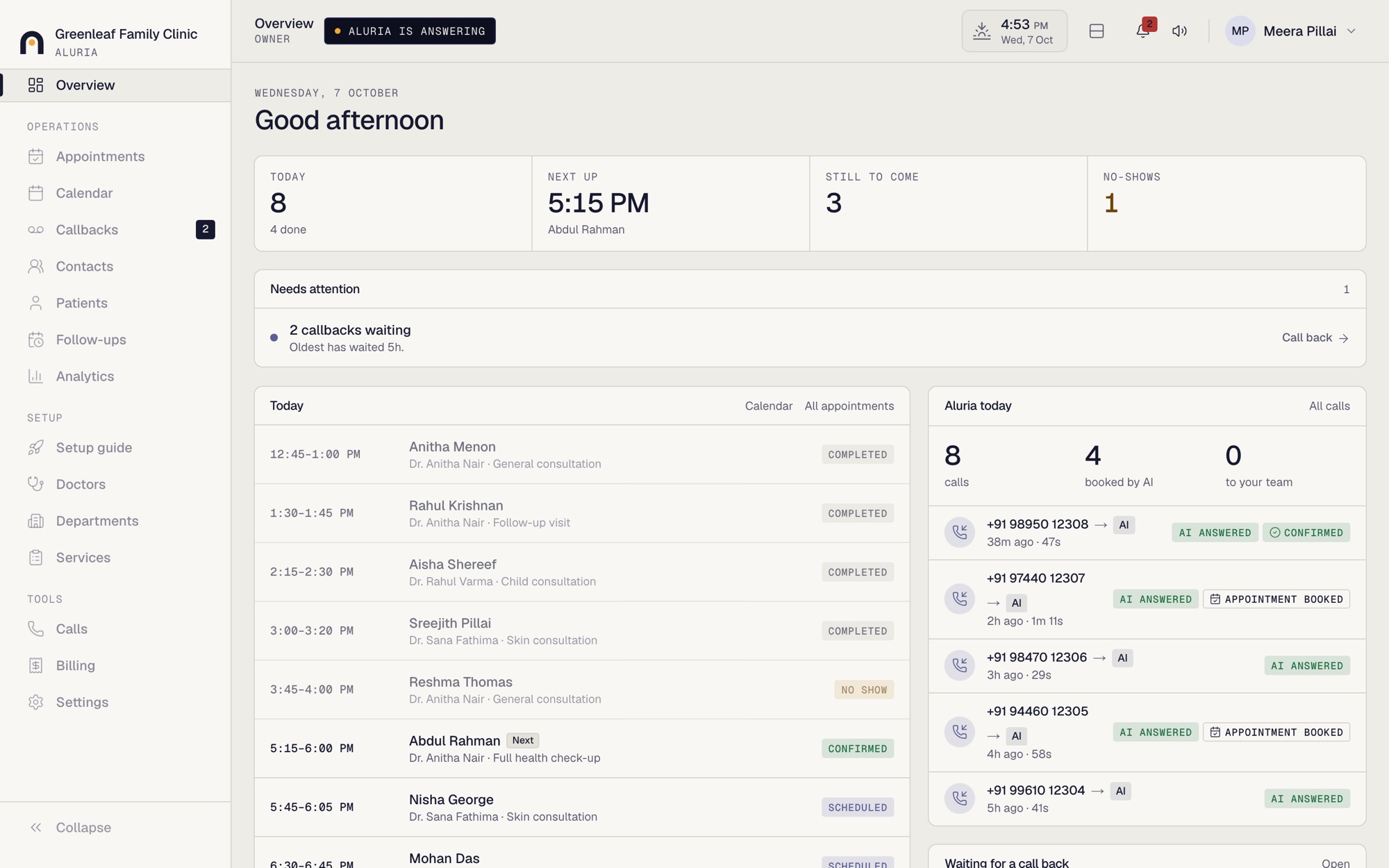 The Aluria dashboard overview for a sample clinic: today's appointments, calls Aluria answered and callbacks waiting